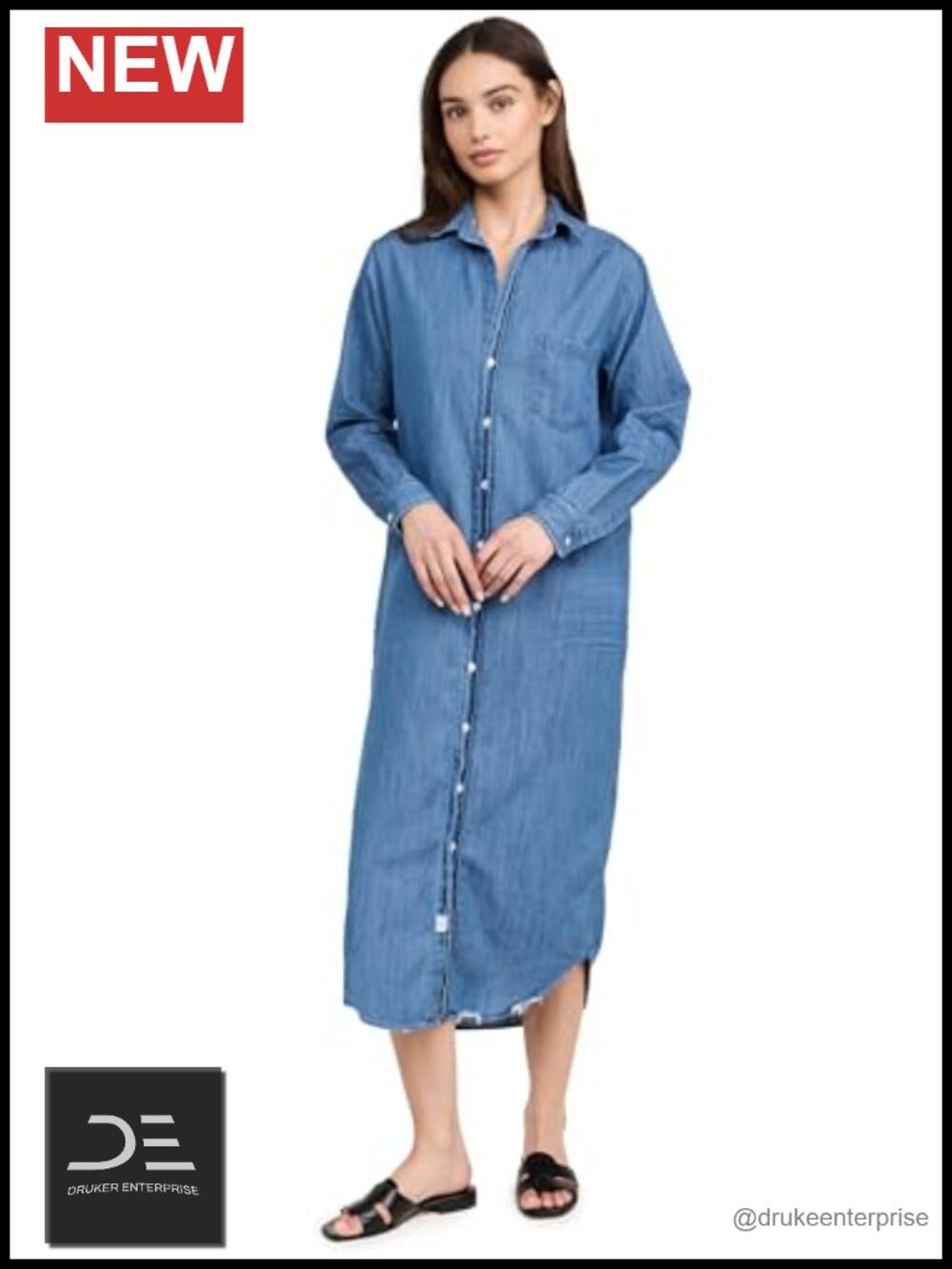 Chambray Midi Shirtdress Button Down A-Line Casual